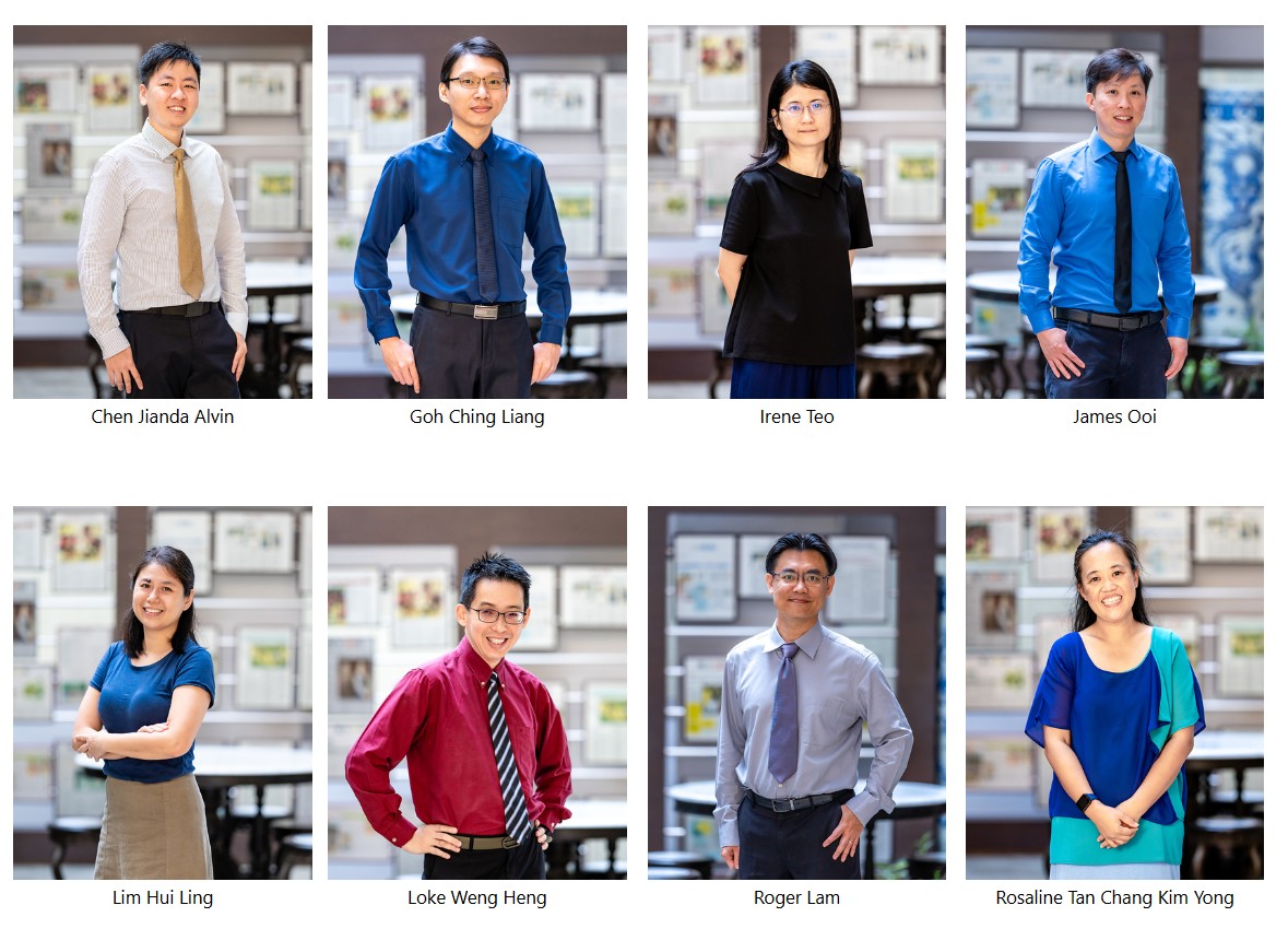 Eight staff members posed individually indoors, labeled with names including Irene Teo, James Ooi, and Roger Lam.